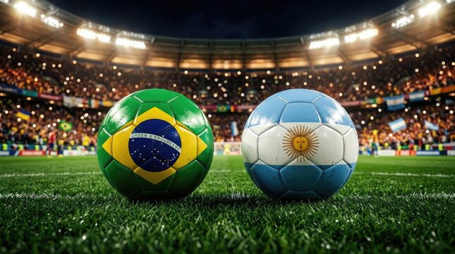 Soccer balls with brazil and argentina flags on a stadium pitch