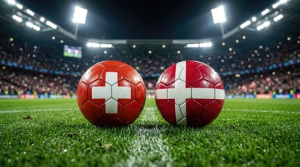 Fototapeta premium Soccer balls with switzerland and denmark flags on a stadium pitch