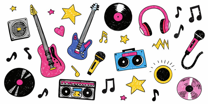 Music Equipment Illustration With Guitars Cassettes And Headphones