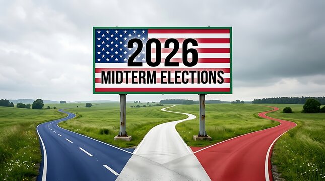 Midterm Elections 2026 Roadside Banner on Rural Highway with American Flag Design