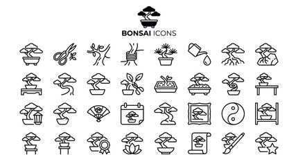 Obraz premium Bonsai icons collection includes gardening tools, plants, outline symbols, and nature elements for cultivation, artistry, Zen culture, botany, and horticulture design projects.