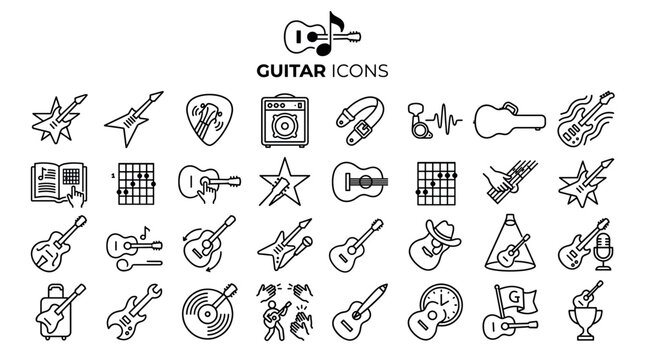 Guitar icons, icon set, instrument, outline, music represent diverse musical gear including acoustic, electric guitars, amplifiers, chord charts, and accessories for performance design projects.