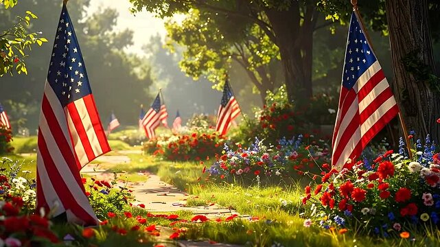 American flags stand proudly in a sunlit garden filled with vibrant red and blue flowers