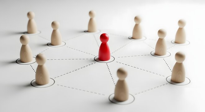 Team leadership and organizational networking structure. Professional connections and human resources management. Red wooden peg figure connecting to a network of white wooden figures