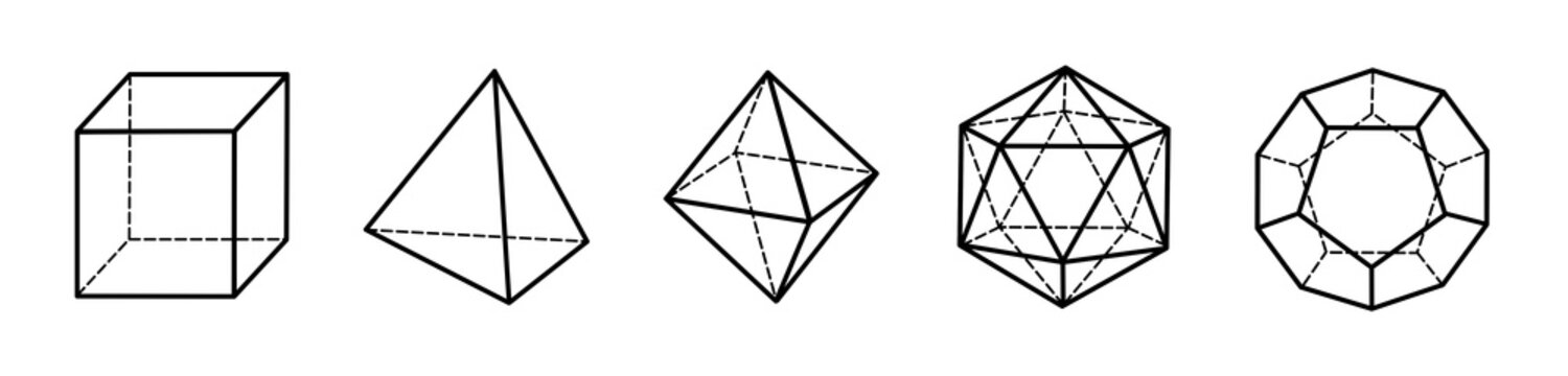 Vector diagram of the five Platonic solids: regular cube (hexahedron), tetrahedron, octahedron, icosahedron, and dodecahedron. Illustrates regular convex polyhedra for mathematics, geometry.