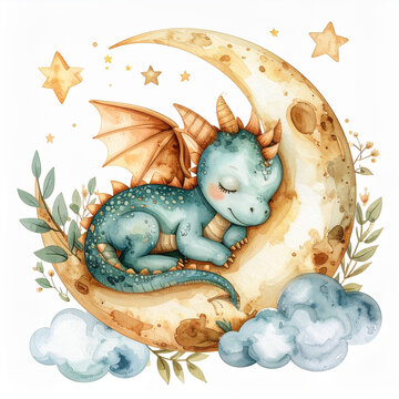 Adorable baby watercolor dragon sleeping peacefully soft fluffy blue cloud golden crescent moon surrounded by leafy branches stars magical nursery art whimsical design sweet dream