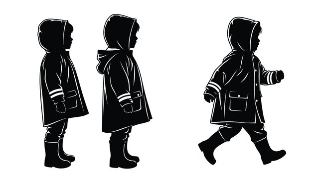 Child In Raincoat Walking Three Views Black Silhouette