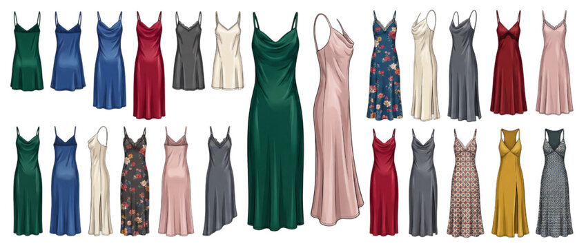 Elegant Satin Slip Dress Collection Vector Illustration Set