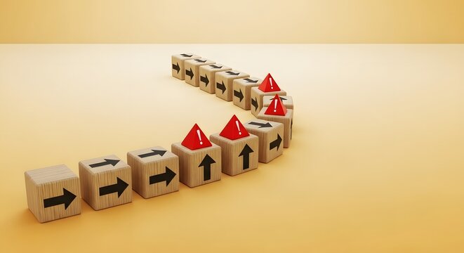Risk management and potential business danger. Identifying threats and strategic challenges. Wooden cubes arranged in a path with red triangular hazard alert symbols