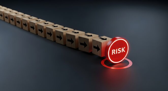 Business risk assessment and strategic navigation. Identifying hazards and project threats. Wooden cubes arranged in a path leading to a red illuminated circular risk sign