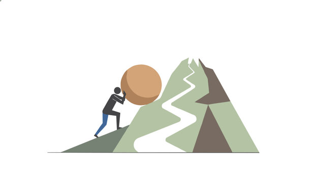 Person pushing a giant sphere up a mountain path illustrating effort, challenges, and perseverance in achieving difficult business goals.