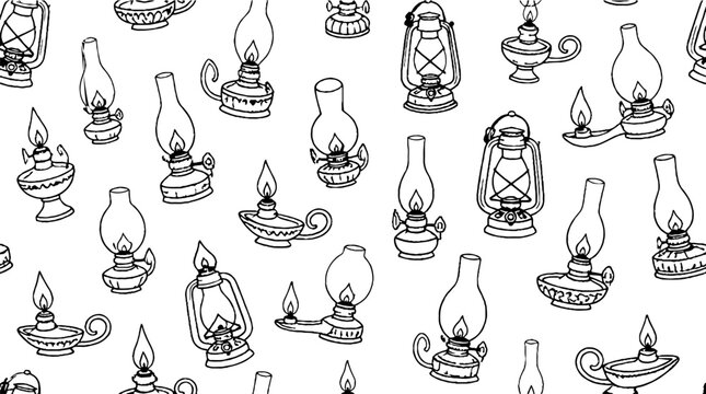 Collection of vintage oil lamp illustrations in black and white.