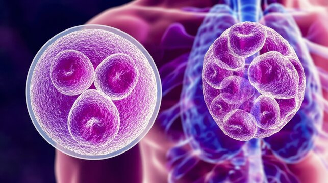Microscopic view of early embryonic development showcasing cell division and differentiation stages. A four-cell embryo is contrasted with a later stage of development, AI generated