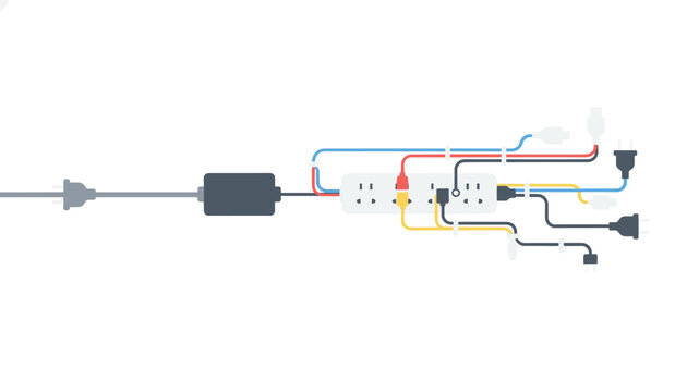 Multiple electronic cables and plugs connected to a power strip representing electrical overload and inefficient energy management solutions.