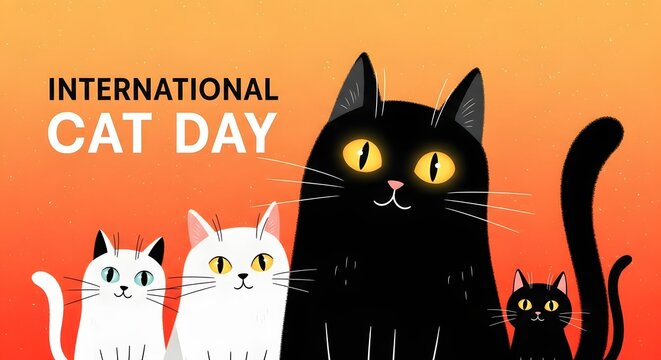 International Cat Day celebration graphic. Appreciation for feline pets and animal welfare. Artistic illustration of four cats with different colors on a gradient orange background