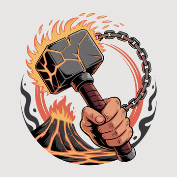 Hand holding large metal flail weapon.