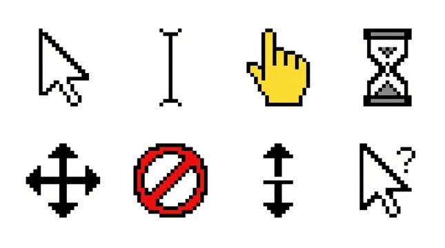 Set of sixteen flat design icons representing common user interface actions and symbols.