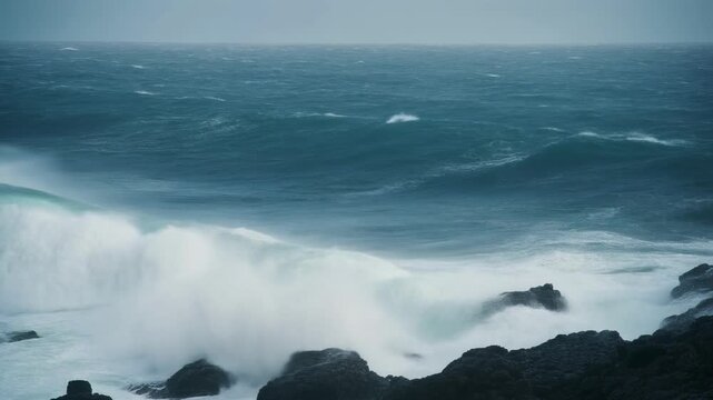 Crashing ocean wave with spray against dark rocks