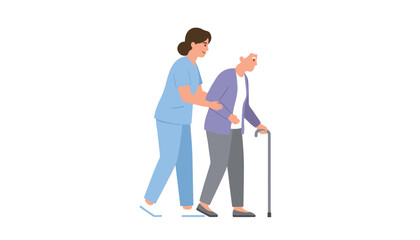 Fototapeta premium Professional caregiver supporting an elderly woman with a cane as she walks through a bright and clean medical or home care environment.