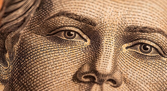 Extreme close up of human eyes on a banknote. Financial security and currency detailed texture. Macro photography of security printing patterns
