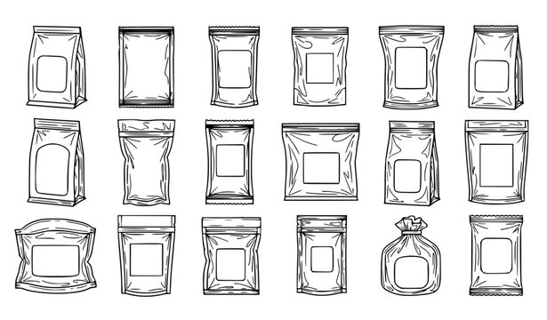 Flexible Food Packaging Stand Up Pouch and Foil Bag Mockup Icon Set with Line Art Outlines for Coffee Tea Snacks and Retail Brand Graphic Designs