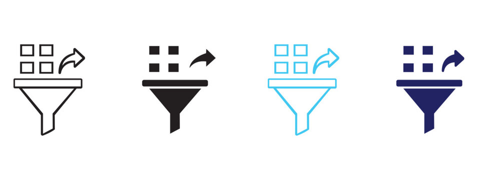 Data funnel filter icon set with export processing arrows processing business