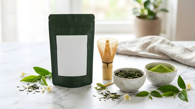 Green tea matcha powder and loose tea leaves with a bamboo whisk on a marble surface