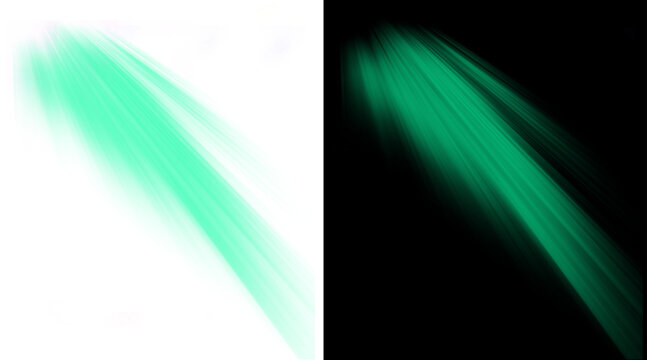 Emerald green light rays on black and white backgrounds, glowing ethereal sunbeams, abstract turquoise lens flare effect for cinematic overlays