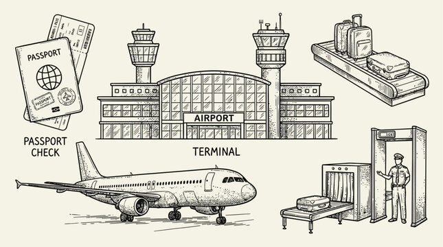 Comprehensive travel set airplane passport document airport terminal luggage tourism flight accessories for vacation journey isolated on white background for commercial aviation concept