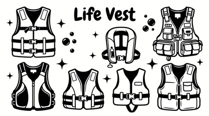 Striped life buoy vector collection isolated for marine safety, rescue equipment, swimming, boating, and ocean themes. Black and white sketch style featuring nautical life saving accessories © Ethan