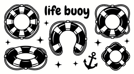 Striped life buoy vector collection isolated for marine safety, rescue equipment, swimming, boating, and ocean themes. Black and white sketch style featuring nautical life saving accessories © Ethan