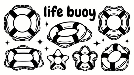Striped life buoy vector collection isolated for marine safety, rescue equipment, swimming, boating, and ocean themes. Black and white sketch style featuring nautical life saving accessories © Ethan