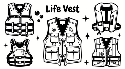 Striped life buoy vector collection isolated for marine safety, rescue equipment, swimming, boating, and ocean themes. Black and white sketch style featuring nautical life saving accessories © Ethan