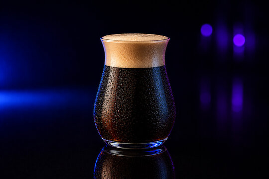 Nitro Cold Brew Coffee in Curved Glass with Creamy Foam, Electric Blue and Purple Neon Lighting on Dark Background, Cyberpunk Nightclub Beverage Photography
