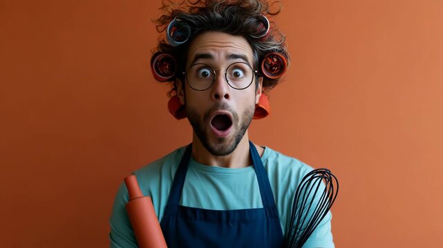 Surprised young baker with hair rollers holding a rolling pin and whisk against orange backdrop for humorous cooking poster or social media background