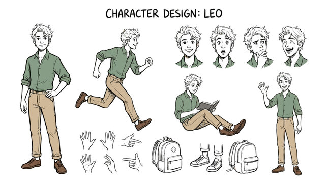 Comprehensive Character Design Sheet Showcasing Diverse Poses Facial Expressions and Anatomical Details for Stylized Concept Art Mascot Illustration Reference with Dynamic Body Movement Study