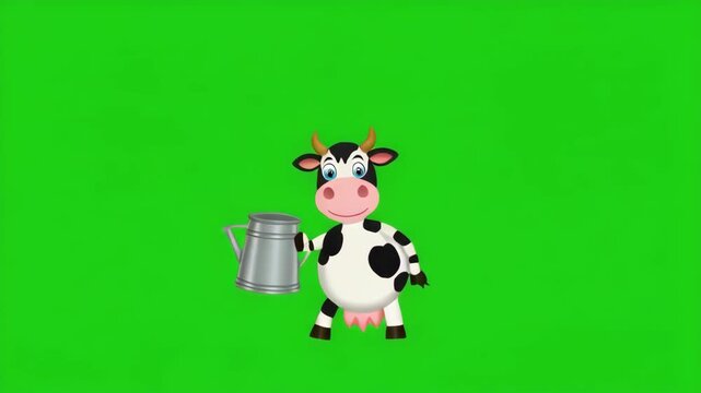 Cute cartoon cow with milk pail dancing in a rhythmic pattern on green screen background