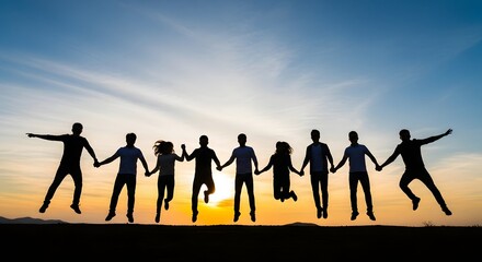 Fototapeta premium People jumping together at sunset for teamwork. Success, unity and community connection. Group of diverse friends holding hands and leaping against a bright sky
