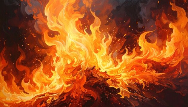 Bright orange flames rising from a fire against a black background with background abstract wildfire flickering combustion