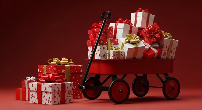 Christmas gift box overload a red wagon filled with beautifully wrapped presents