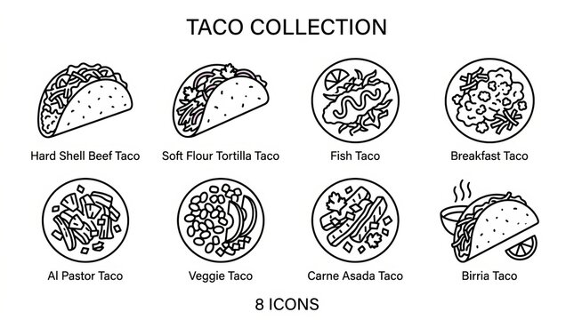 Hand Drawn Vector Illustrations of Various Taco Types and Ingredients.