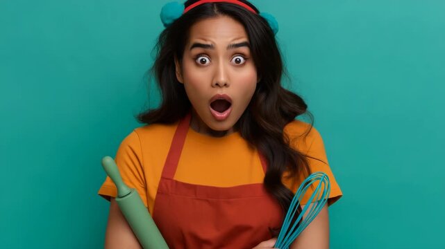 Surprised woman in apron holding rolling pin and whisk on teal background for cooking poster and baking tutorial banner