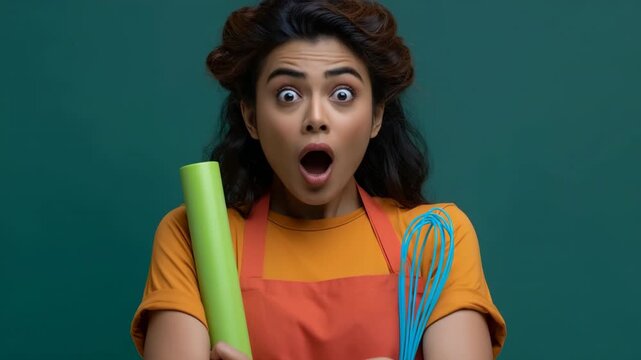 Surprised female baker portrait holding rolling pin and whisk for cooking banner and recipe background