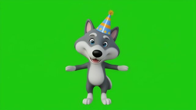 Cute cartoon wolf dancing with party hat on green screen background seamless loop