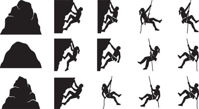A collection of black silhouettes showing people rock climbing and rappelling on a white background, featuring various poses and also transparent background