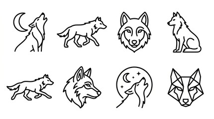Fototapeta premium Collection of stylized wolf illustrations in various dynamic poses and angles.