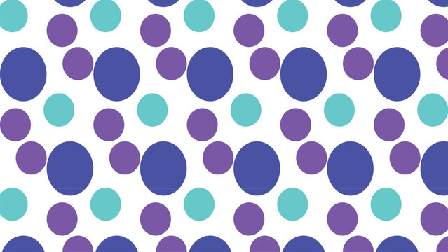 Abstract seamless circle pattern with purple and turquoise dots of varying sizes on white background for decorative design