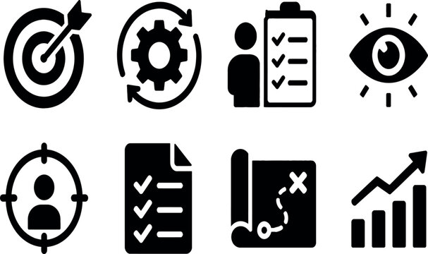 Collection of Business Strategy and Growth Vector Icons featuring Target, Gear, Vision, Roadmap, and Management Symbols for Professional Marketing, Productivity and Corporate Project Planning