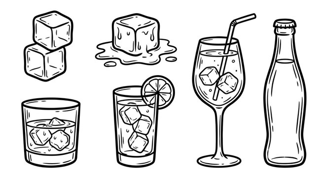 Minimalist collection of eighty-three linear vector icon elements depicting chilled ice cube, liquid melting droplet, refreshing water, glass container, and beverage drink symbol.