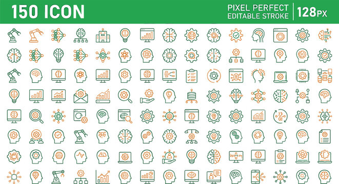 Artificial intelligence and machine learning line icons set with neural networks robots deep data computing and automation vector symbols design